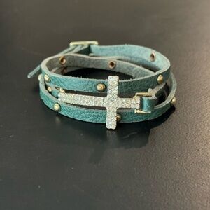 Francesca’s collection green leather gold studded bracelet with rhinestone cross